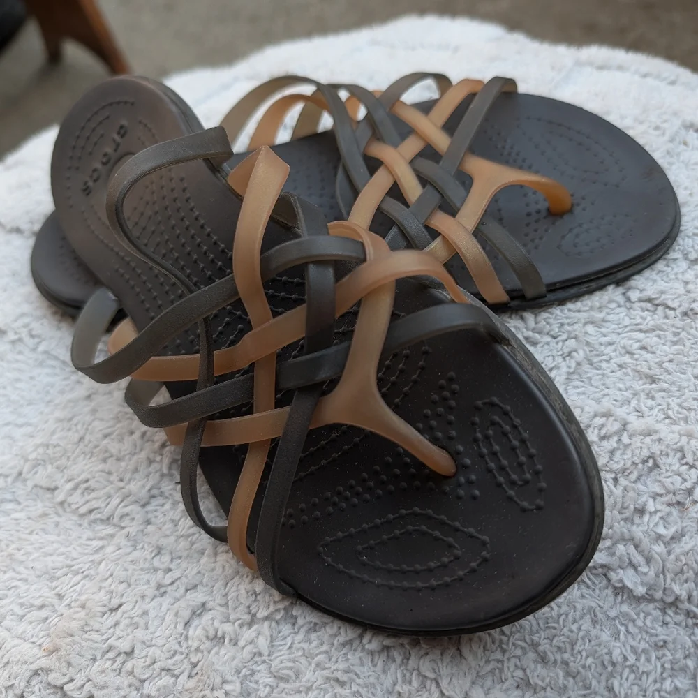 CROCS Women's Black and Bronze Strappy Slip-On Sandals